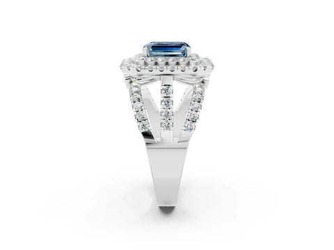 White gold Double Halo Emerald Cut Diamond Split Shank Pave Set Ring_2