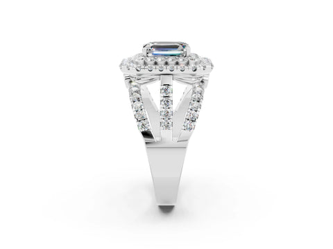 White gold Double Halo Emerald Cut Diamond Split Shank Pave Set Ring_2