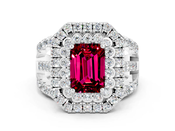 Silver Emerald Cut Garnet Double Halo Ring with Round Pavé Split Shank and Prong Setting