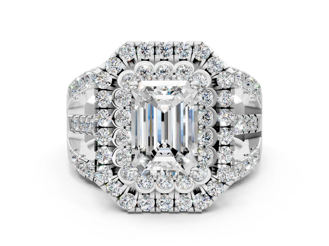 White gold Double Halo Emerald Cut Diamond Split Shank Pave Set Ring_3