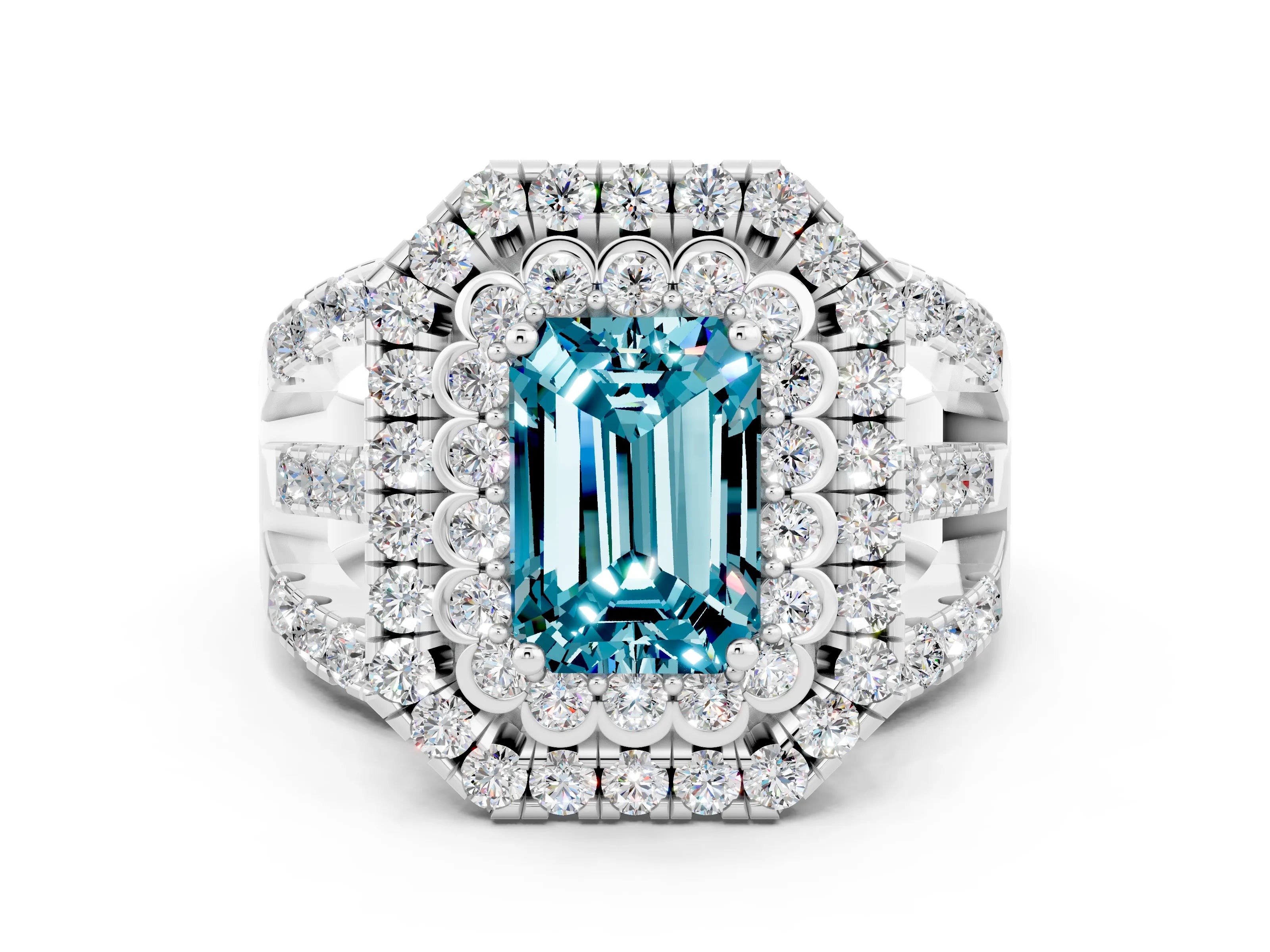 White gold Double Halo Emerald Cut Diamond Split Shank Pave Set Ring