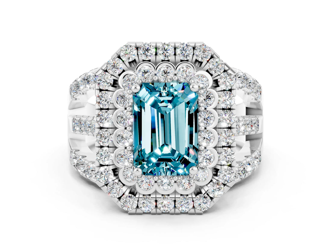 White gold Double Halo Emerald Cut Diamond Split Shank Pave Set Ring