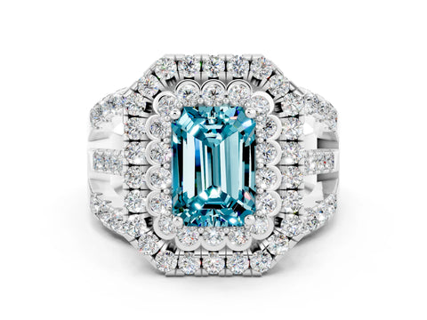 White gold Double Halo Emerald Cut Diamond Split Shank Pave Set Ring