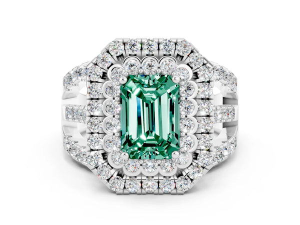 Platinum Emerald Cut Green Sapphire Double Halo Ring with Round Pavé Split Shank and Prong Setting