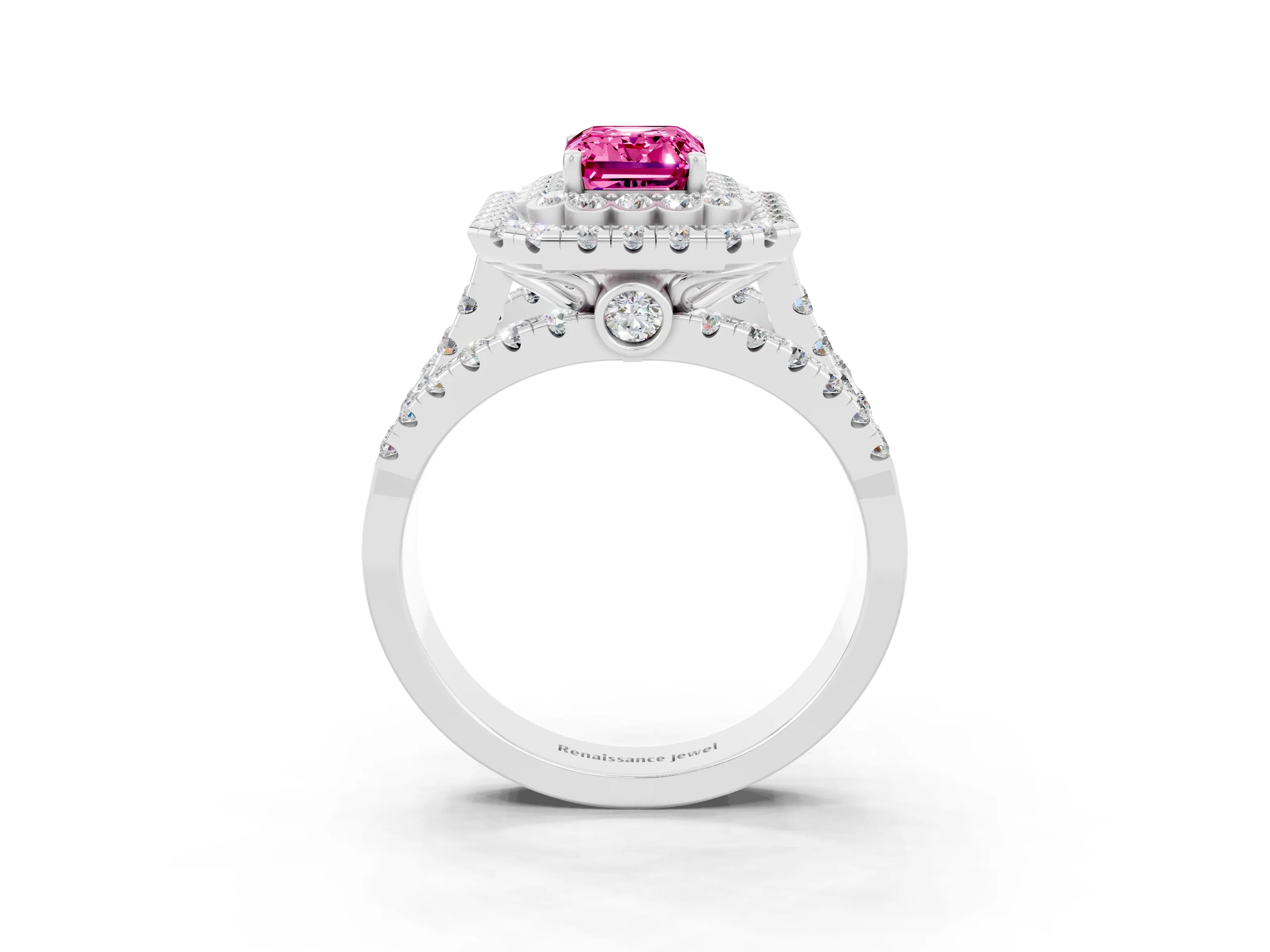 White gold Double Halo Emerald Cut Diamond Split Shank Pave Set Ring_3