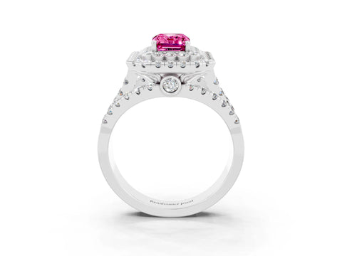 White gold Double Halo Emerald Cut Diamond Split Shank Pave Set Ring_3