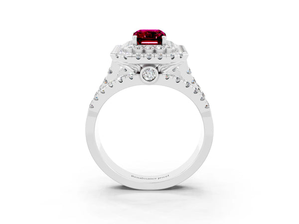 Silver Emerald Cut Garnet Double Halo Ring with Round Pavé Split Shank and Prong Setting