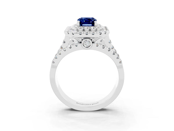 Platinum Emerald Cut Blue Sapphire Double Halo Ring with Round Pavé Split Shank and Prong Setting