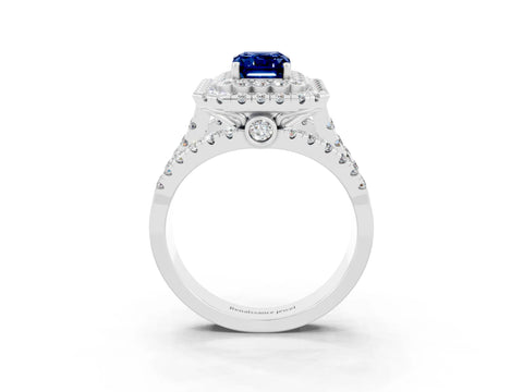 White gold Double Halo Emerald Cut Diamond Split Shank Pave Set Ring_3