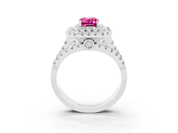 White gold Emerald Cut Pink Sapphire Double Halo Ring with Round Pavé Split Shank and Prong Setting