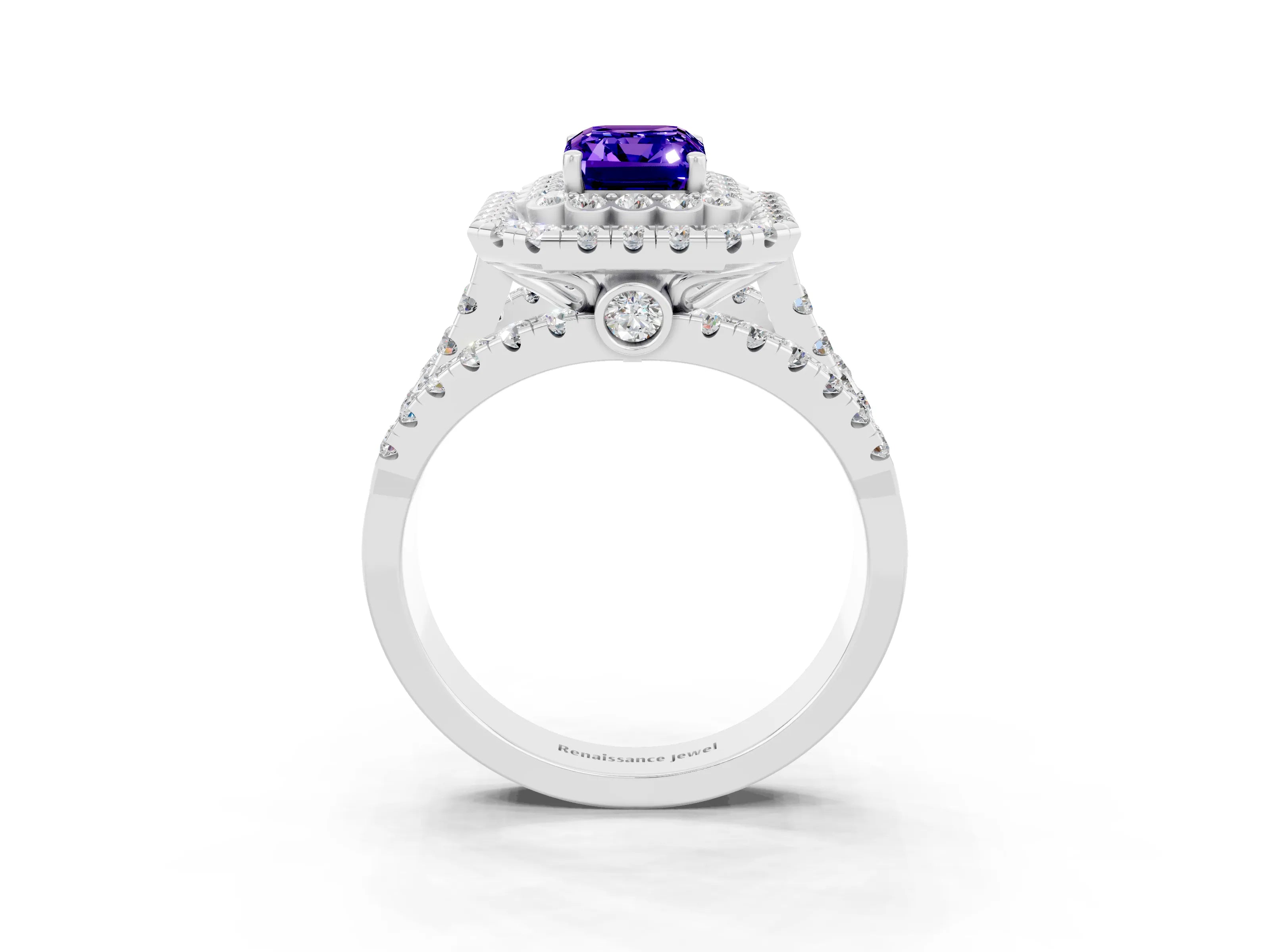 White gold Double Halo Emerald Cut Diamond Split Shank Pave Set Ring_3