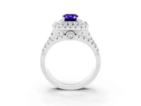 White gold Double Halo Emerald Cut Diamond Split Shank Pave Set Ring_3