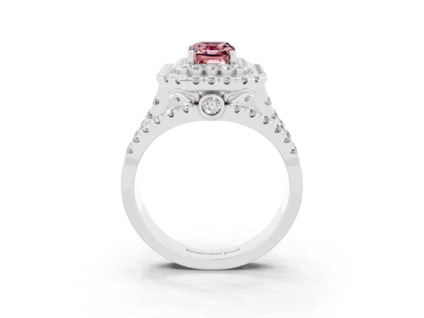 Silver Double Halo Emerald Cut Diamond Split Shank Pave Set Ring