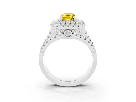 White gold Double Halo Emerald Cut Diamond Split Shank Pave Set Ring_3