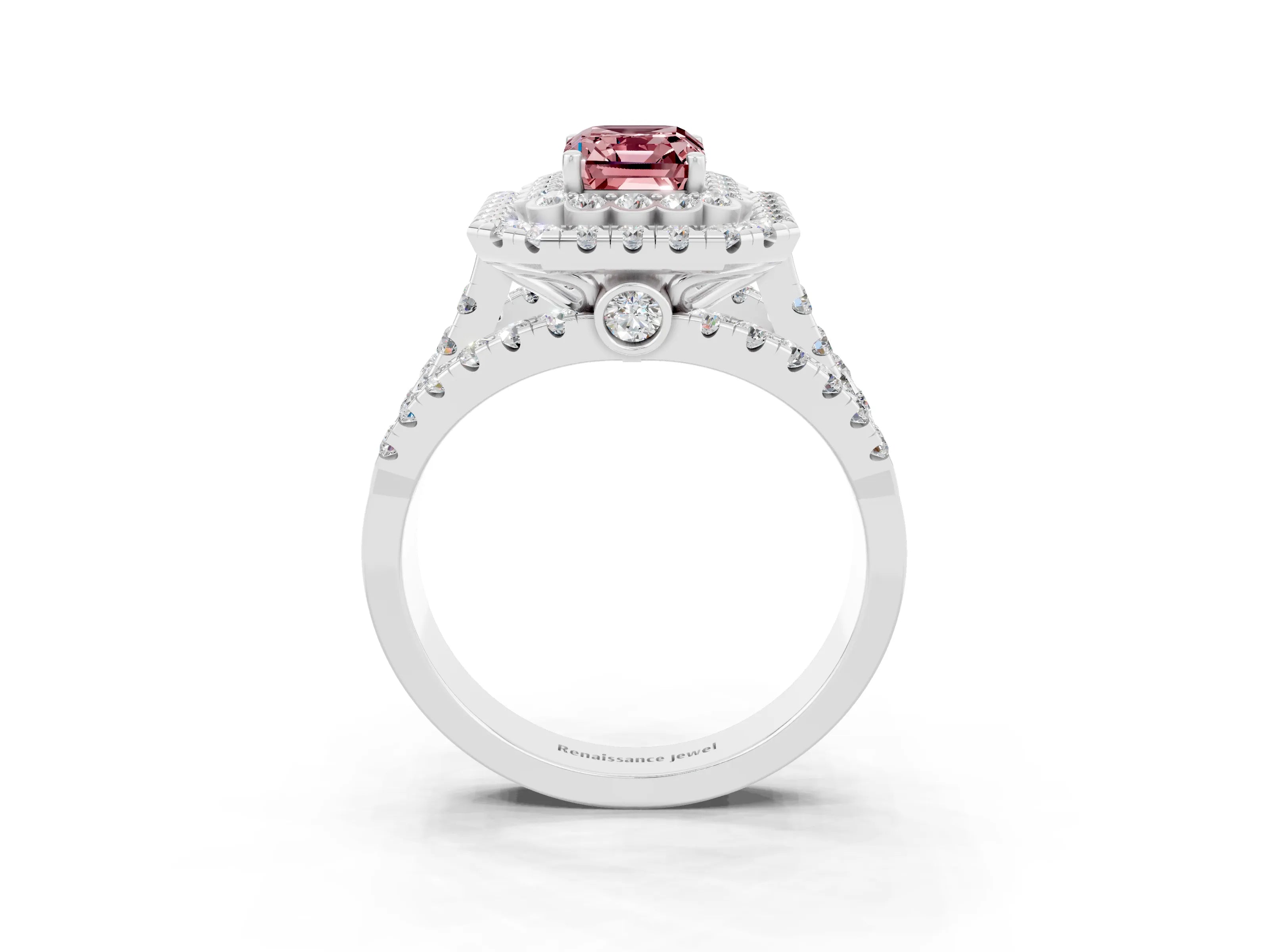 White gold Double Halo Emerald Cut Diamond Split Shank Pave Set Ring_3