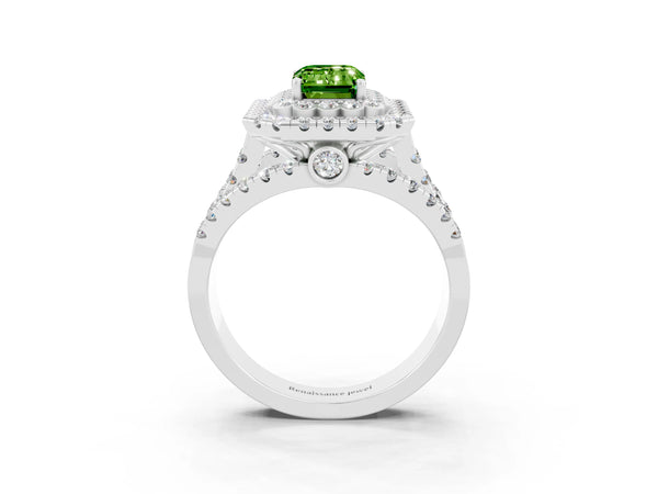 White gold Double Halo Emerald Cut Diamond Split Shank Pave Set Ring