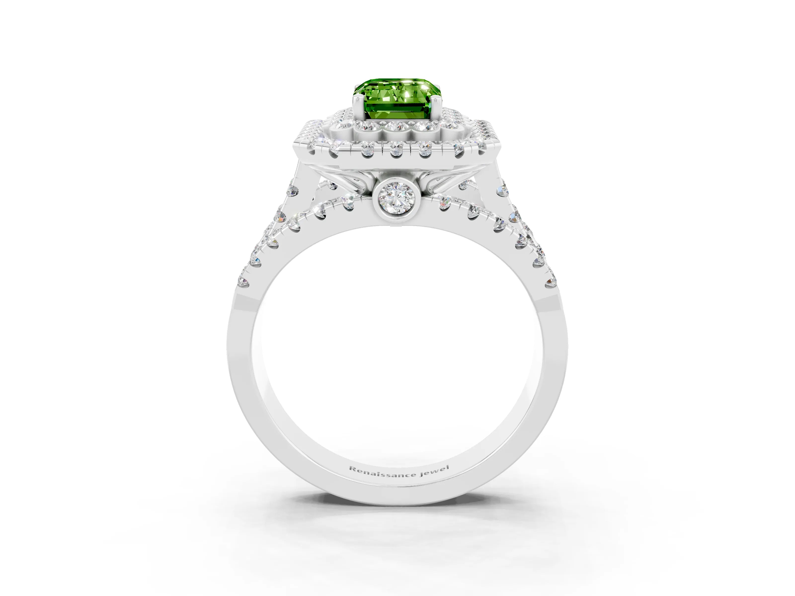 White gold Double Halo Emerald Cut Diamond Split Shank Pave Set Ring_3