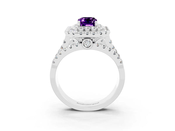 White gold Emerald Cut Amethyst Double Halo Ring with Round Pavé Split Shank and Prong Setting