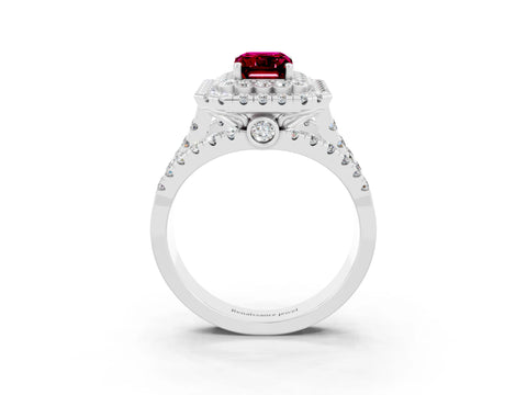 White gold Double Halo Emerald Cut Diamond Split Shank Pave Set Ring_3
