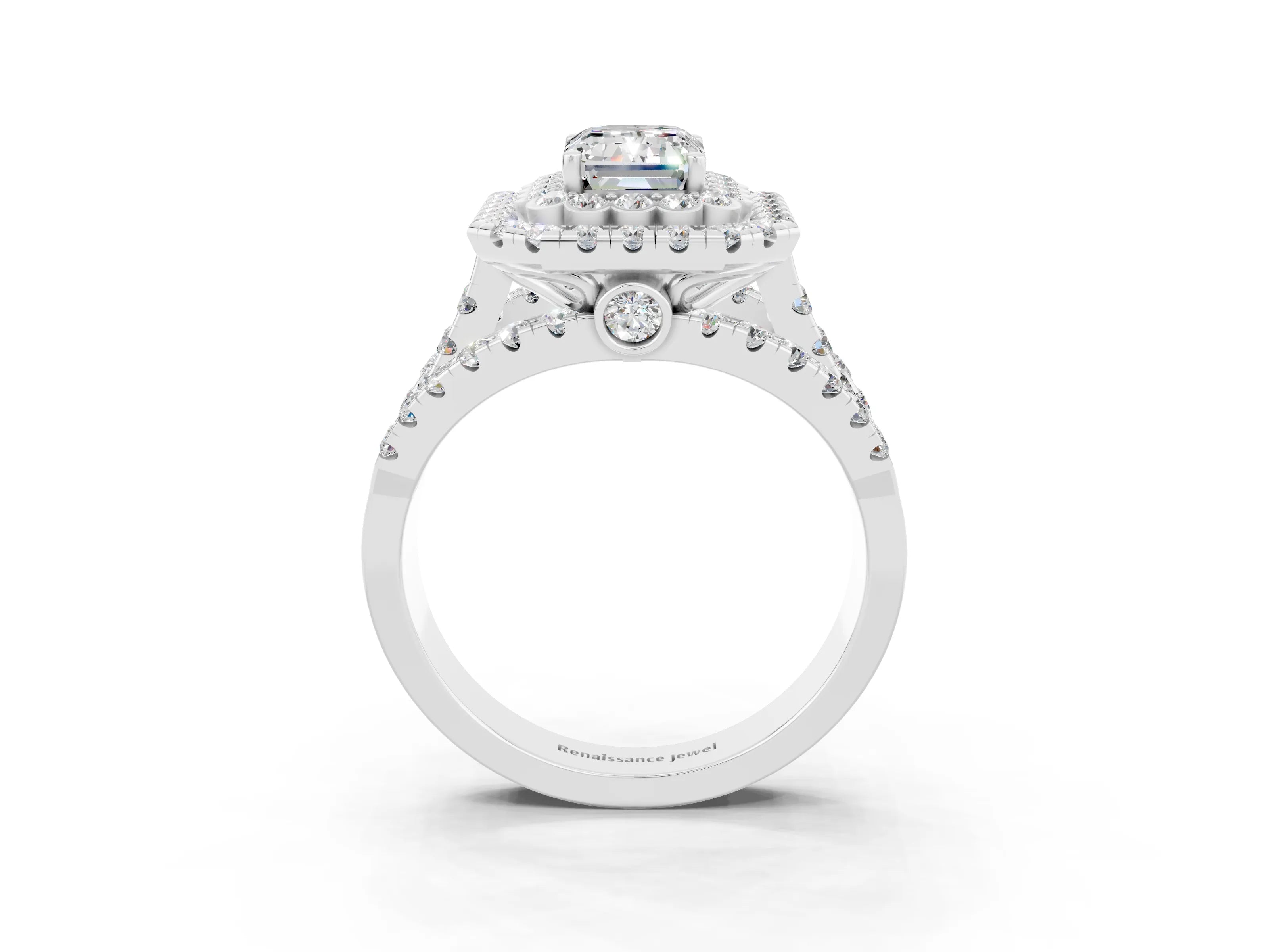 White gold Double Halo Emerald Cut Diamond Split Shank Pave Set Ring_3