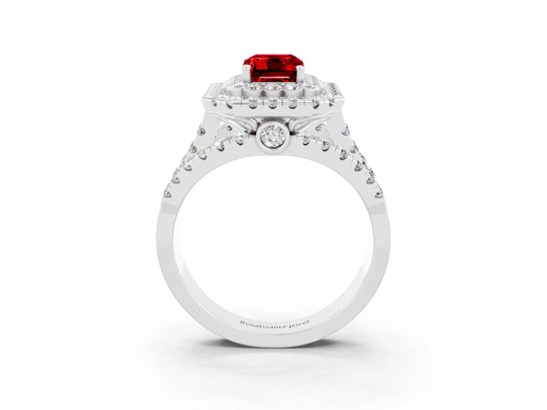 White gold Double Halo Emerald Cut Diamond Split Shank Pave Set Ring