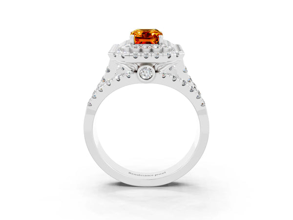 White gold Emerald Cut Citrine Double Halo Ring with Round Pavé Split Shank and Prong Setting