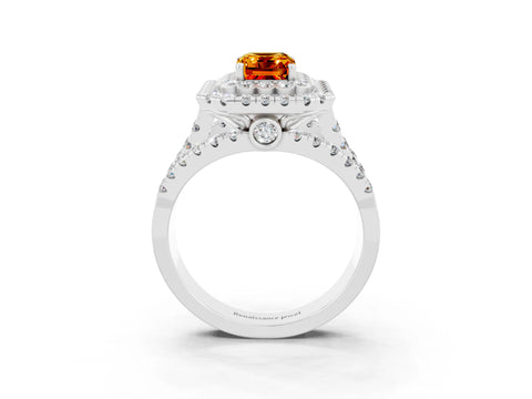 White gold Double Halo Emerald Cut Diamond Split Shank Pave Set Ring_3