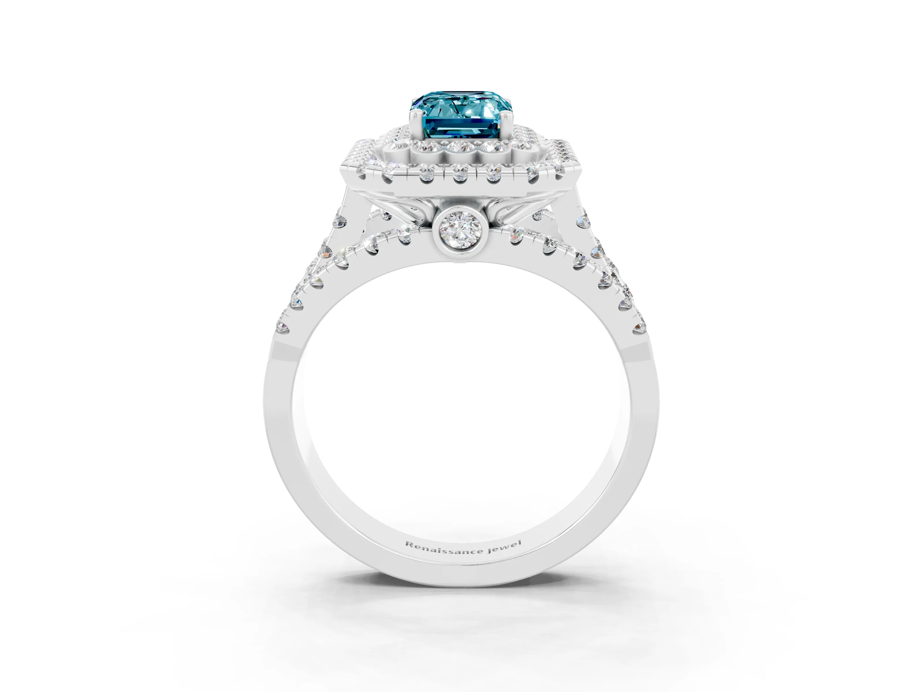 White gold Double Halo Emerald Cut Diamond Split Shank Pave Set Ring_3