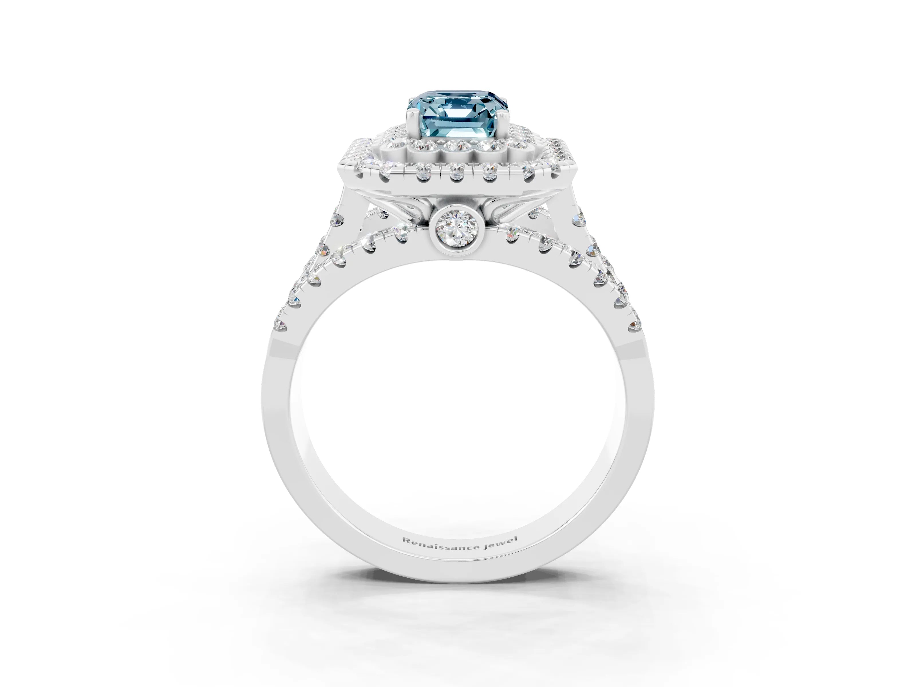 White gold Double Halo Emerald Cut Diamond Split Shank Pave Set Ring_3