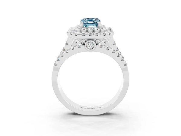 Platinum Emerald Cut Aquamarine Double Halo Ring with Round Pavé Split Shank and Prong Setting