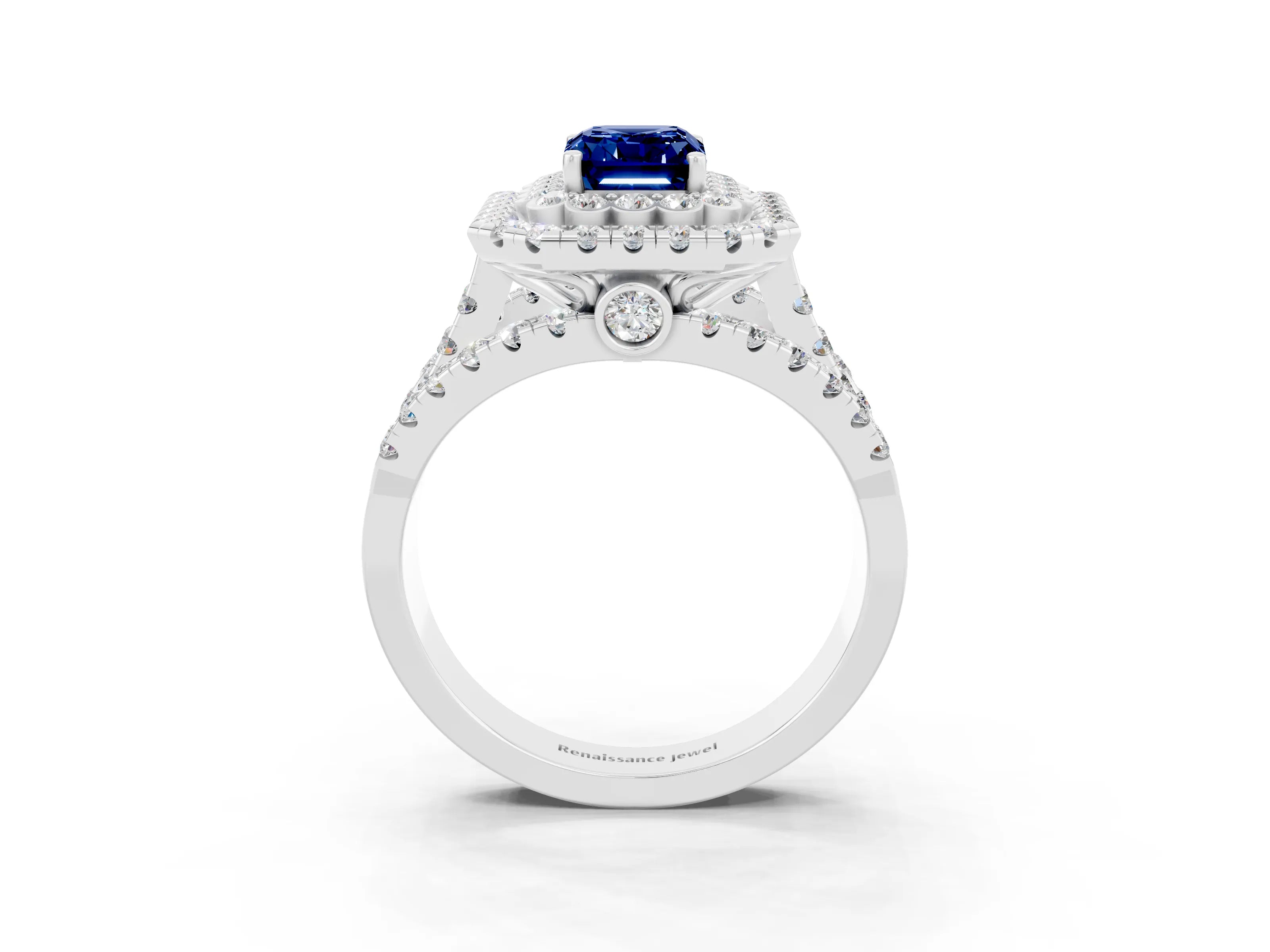 White gold Double Halo Emerald Cut Diamond Split Shank Pave Set Ring_3