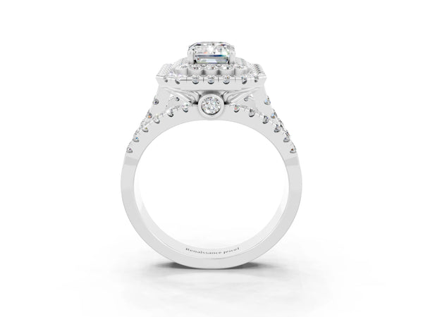 Silver Emerald Cut Moissanite Double Halo Ring with Round Pavé Split Shank and Prong Setting