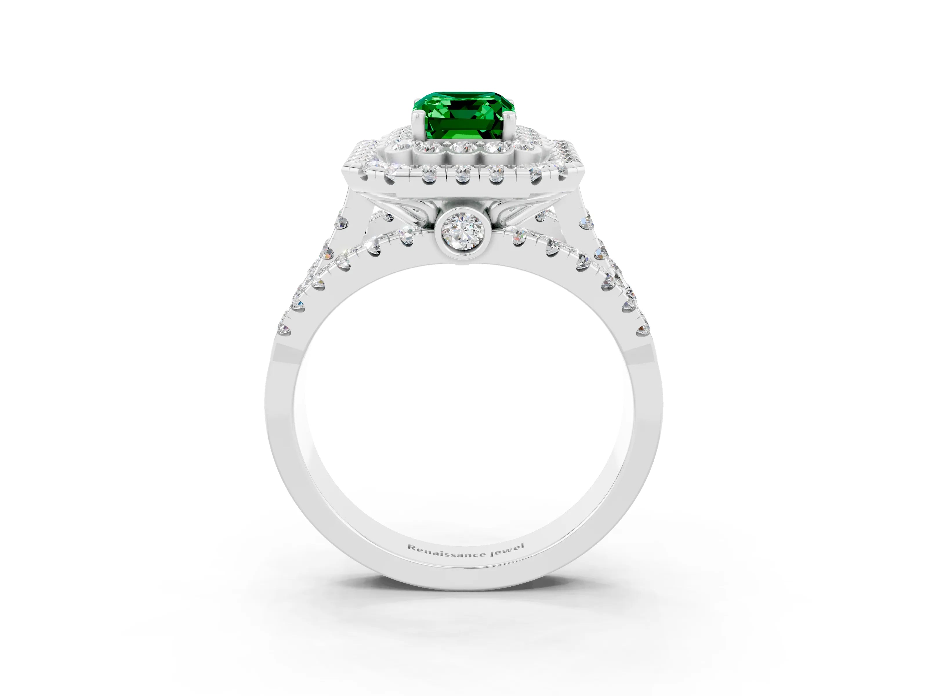 White gold Double Halo Emerald Cut Diamond Split Shank Pave Set Ring_3