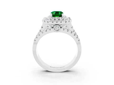 White gold Double Halo Emerald Cut Diamond Split Shank Pave Set Ring_3
