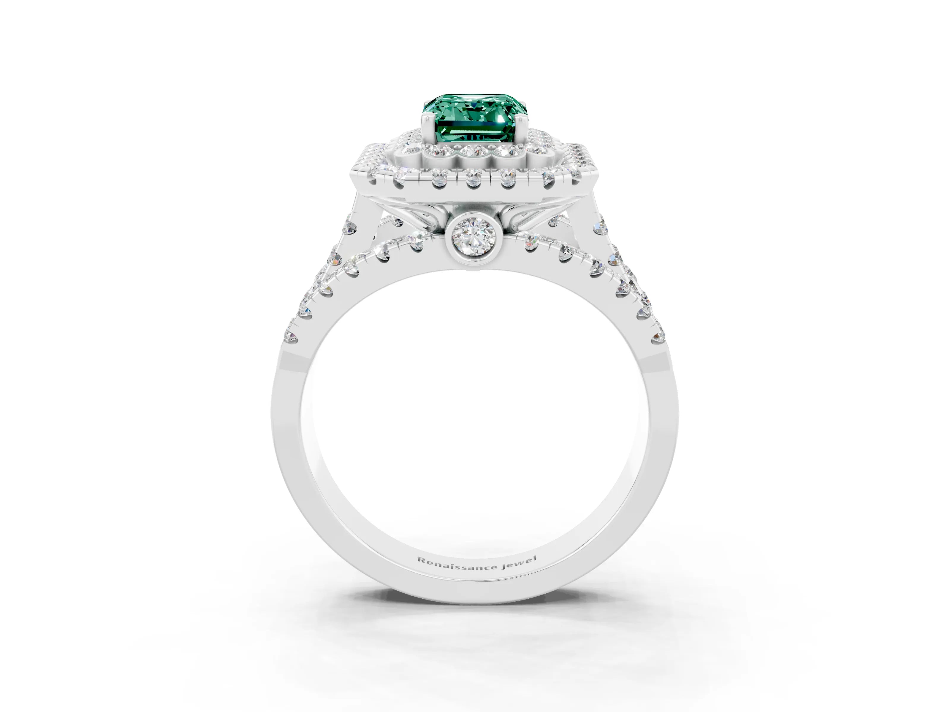 White gold Double Halo Emerald Cut Diamond Split Shank Pave Set Ring_3