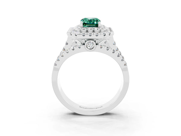 Platinum Emerald Cut Green Sapphire Double Halo Ring with Round Pavé Split Shank and Prong Setting