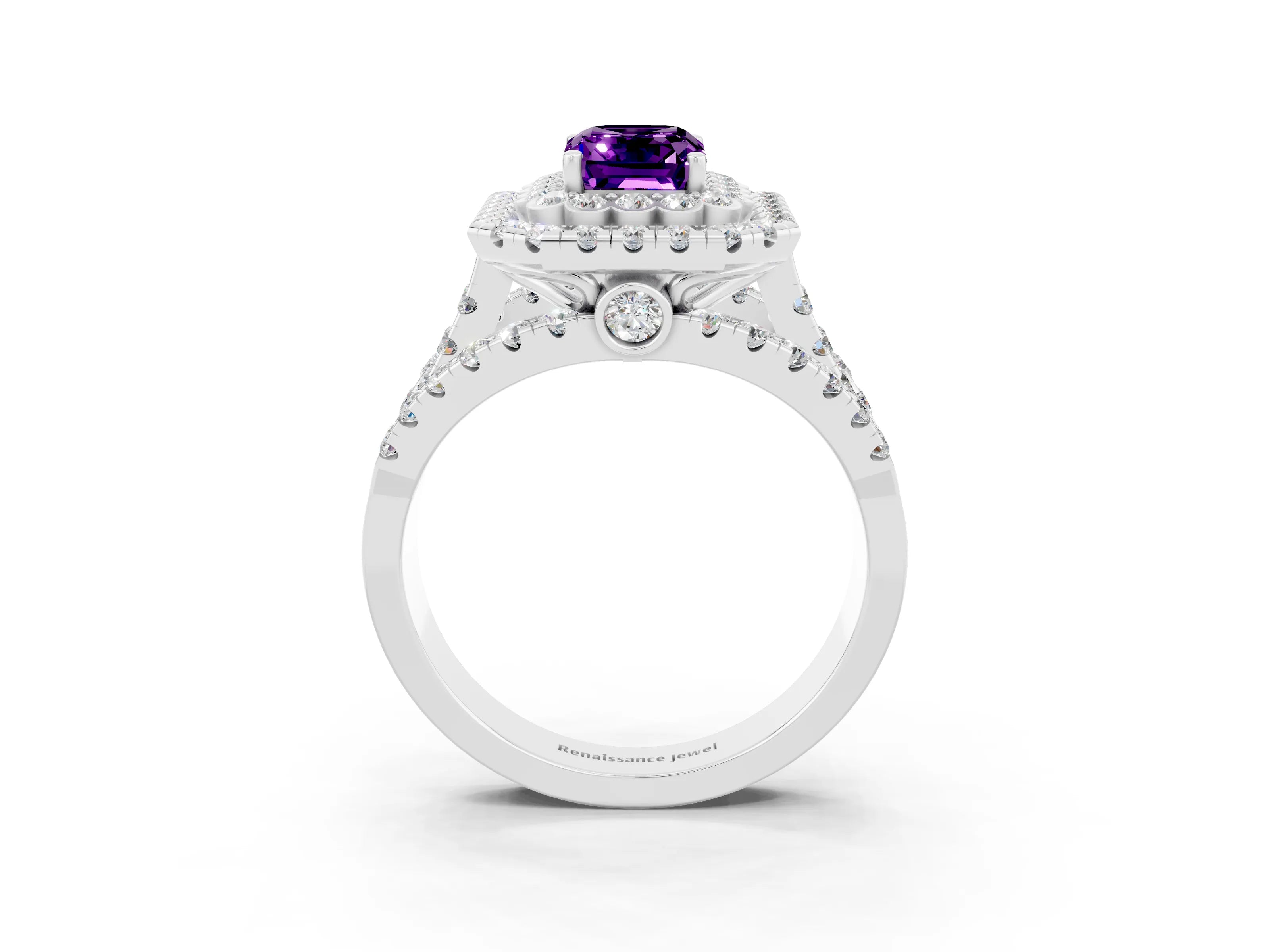 White gold Double Halo Emerald Cut Diamond Split Shank Pave Set Ring_3