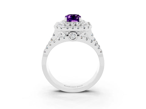 White gold Double Halo Emerald Cut Diamond Split Shank Pave Set Ring_3