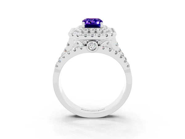 Platinum Emerald Cut Tanzanite Double Halo Ring with Round Pavé Split Shank and Prong Setting