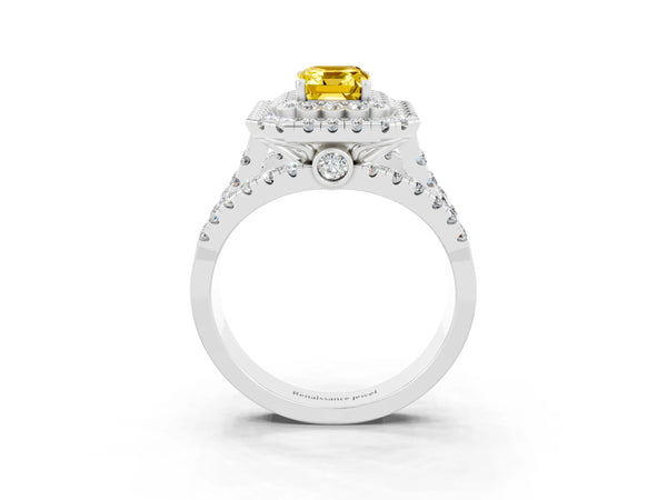 Platinum Emerald Cut Yellow Sapphire Double Halo Ring with Round Pavé Split Shank and Prong Setting