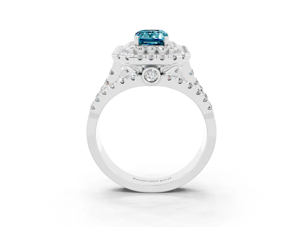 Silver Double Halo Emerald Cut Diamond Split Shank Pave Set Ring