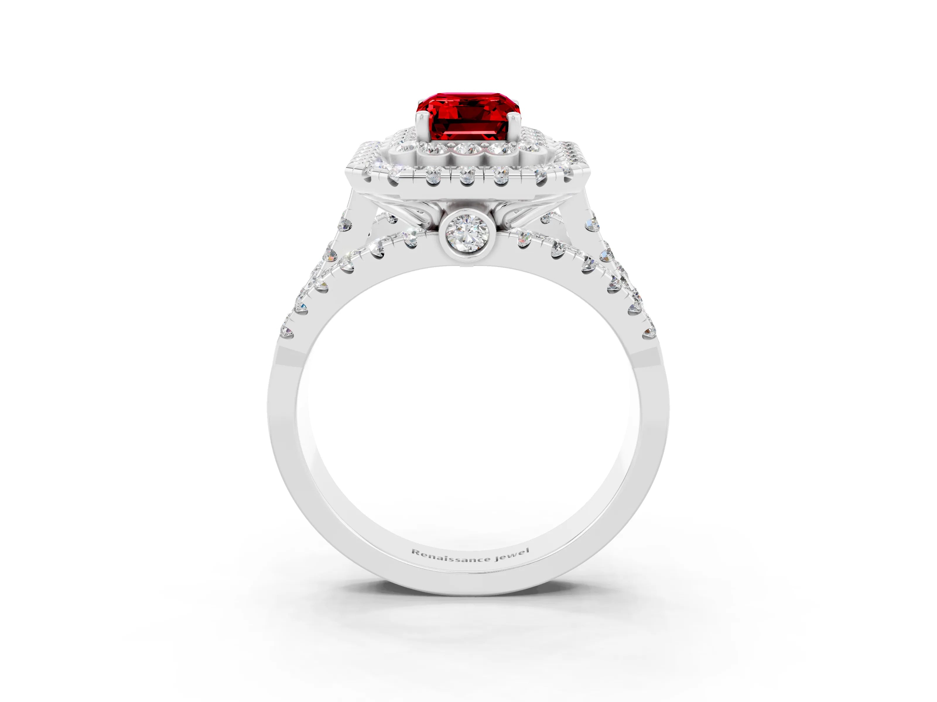 White gold Double Halo Emerald Cut Diamond Split Shank Pave Set Ring_3