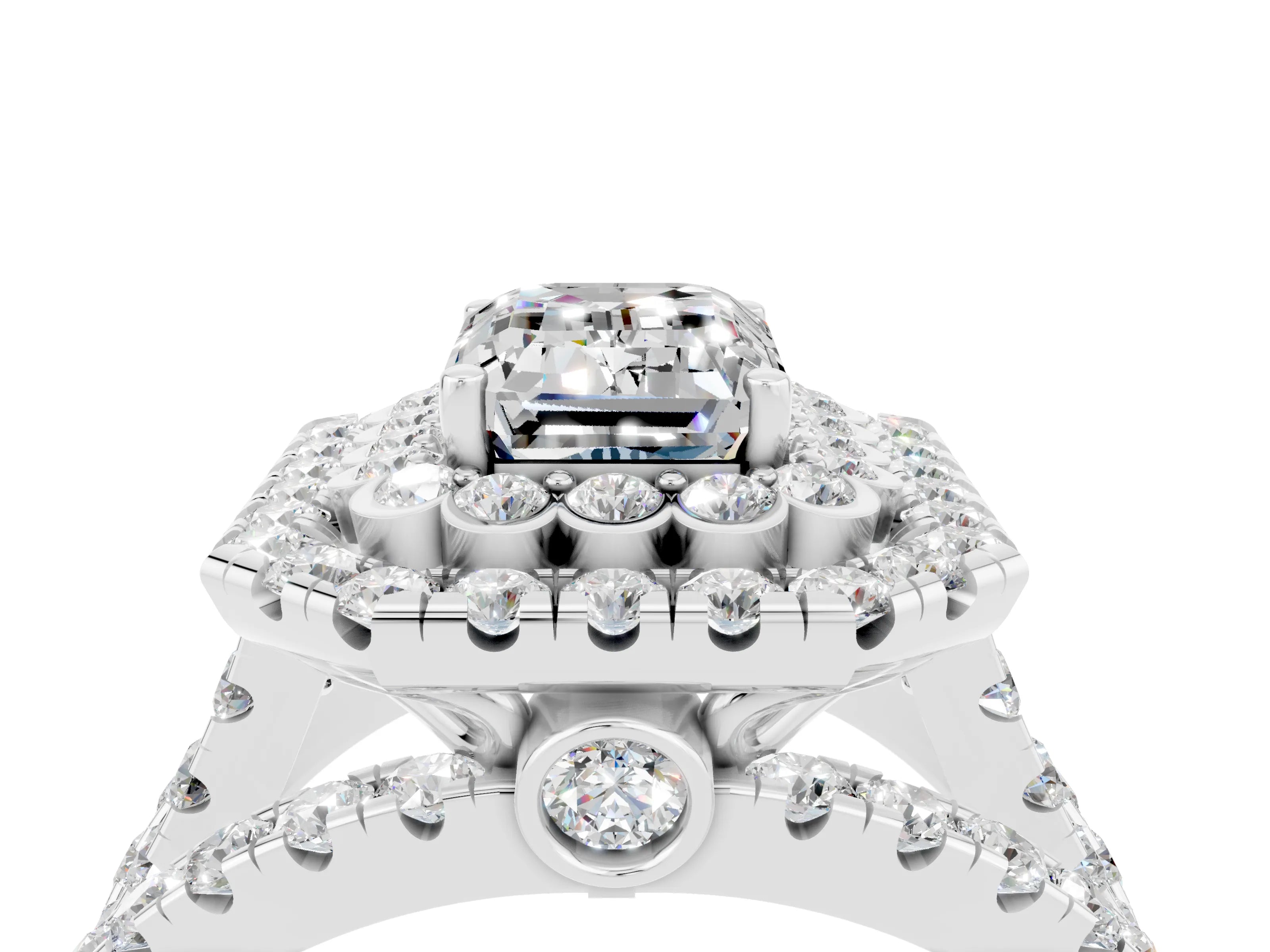 White gold Double Halo Emerald Cut Diamond Split Shank Pave Set Ring_4