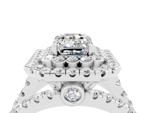 White gold Double Halo Emerald Cut Diamond Split Shank Pave Set Ring_4