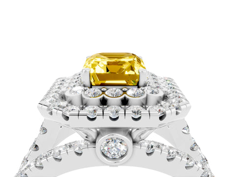 White gold Double Halo Emerald Cut Diamond Split Shank Pave Set Ring_4