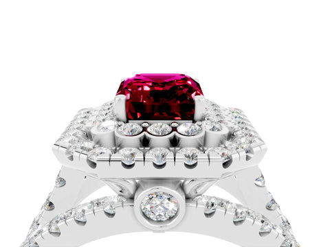 White gold Double Halo Emerald Cut Diamond Split Shank Pave Set Ring_4