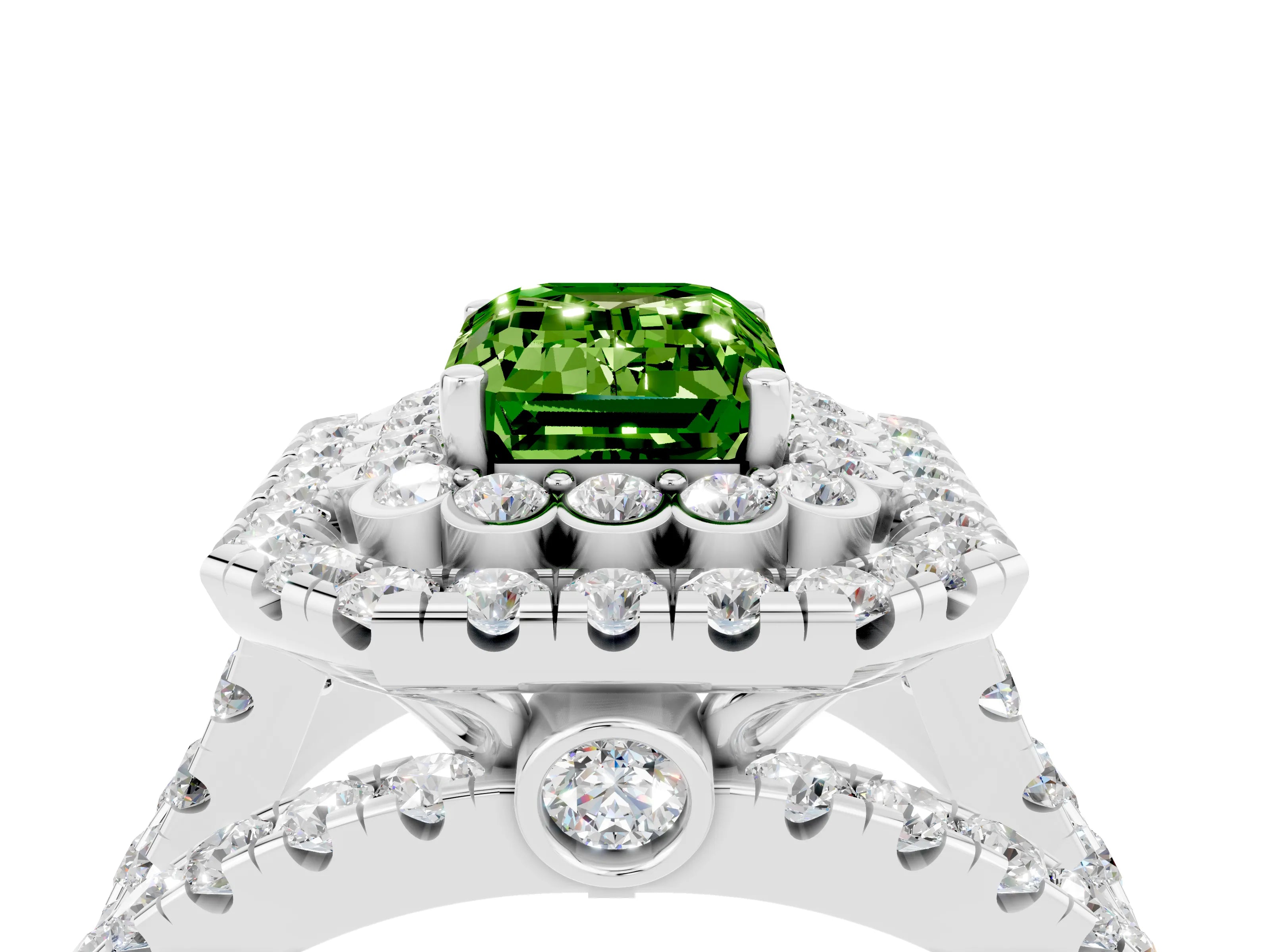 White gold Double Halo Emerald Cut Diamond Split Shank Pave Set Ring_4