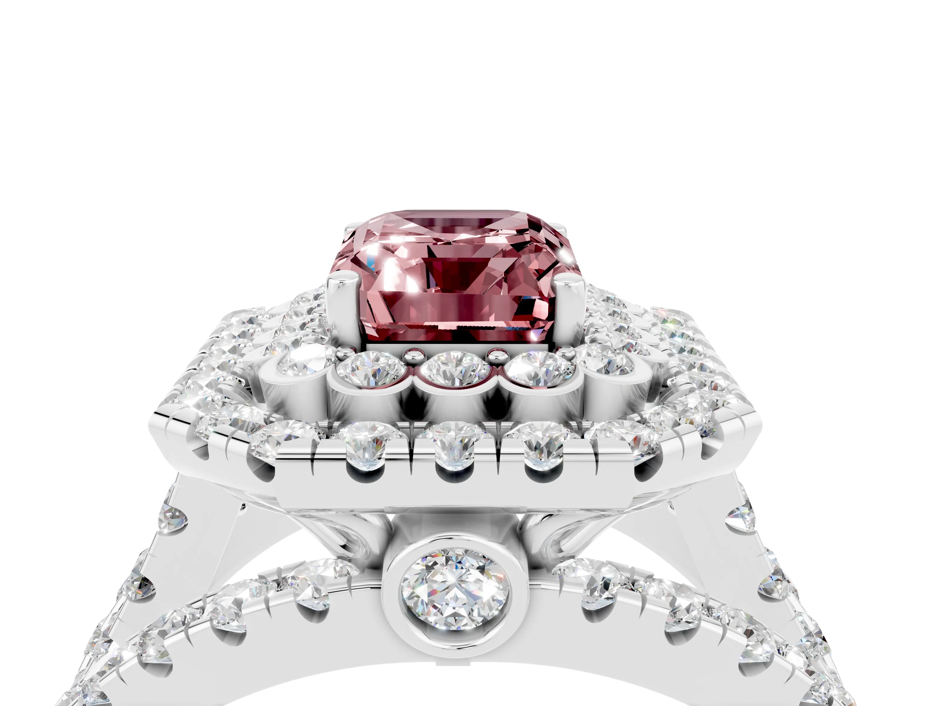 White gold Double Halo Emerald Cut Diamond Split Shank Pave Set Ring_4