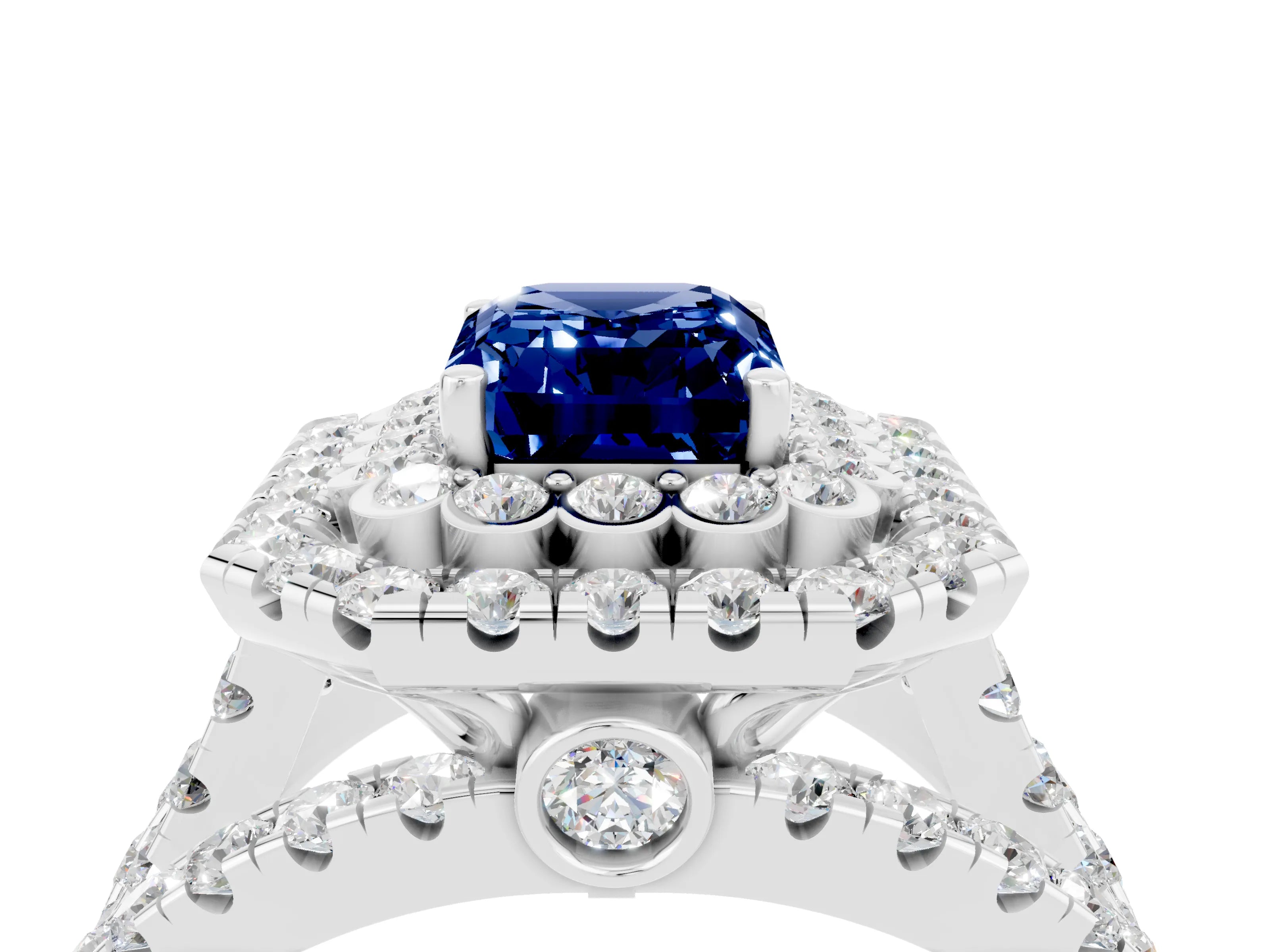 White gold Double Halo Emerald Cut Diamond Split Shank Pave Set Ring_4