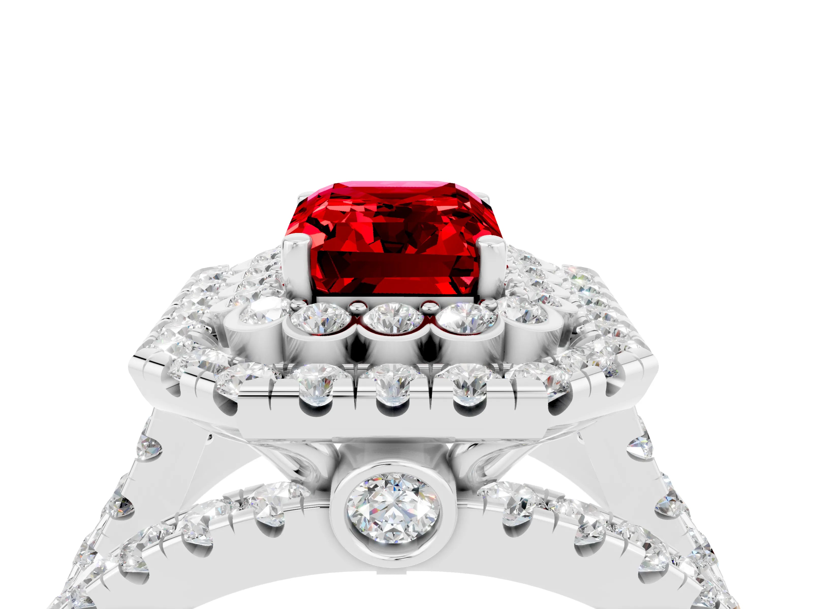 White gold Double Halo Emerald Cut Diamond Split Shank Pave Set Ring_4